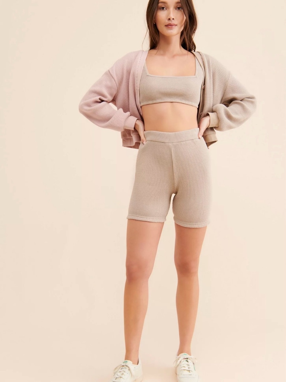 Onia Ribbed High-Rise Bike Shorts in Light Beige (set available )